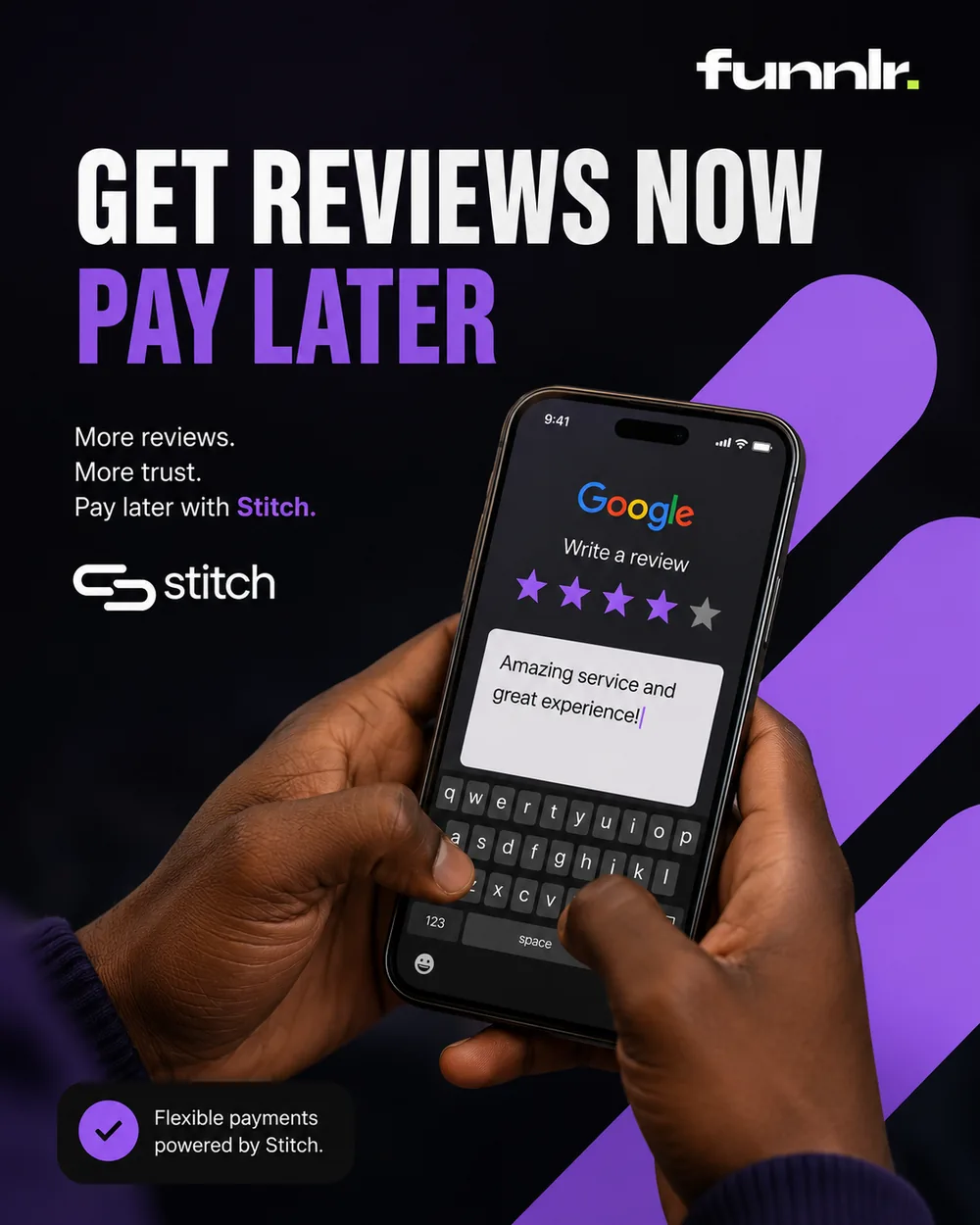 A customer writing a Google review on their phone — get reviews now, pay later with Stitch.